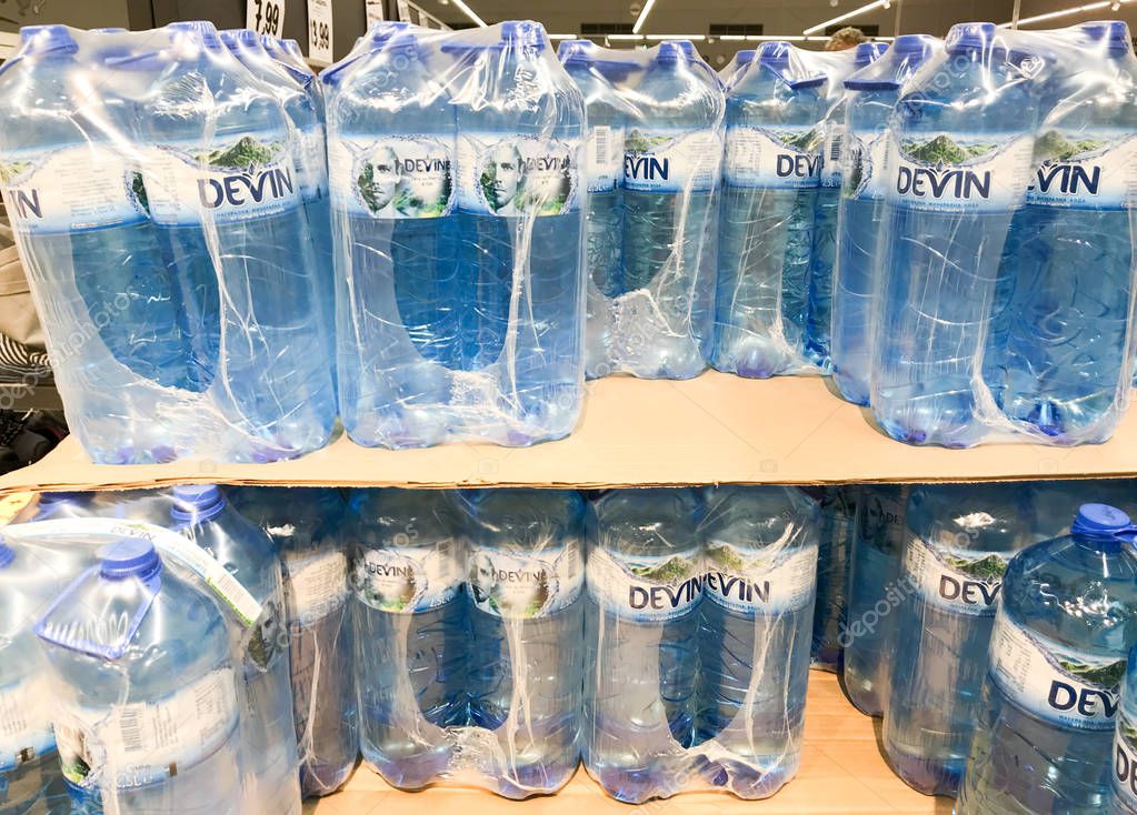 Pomorie, Bulgaria - September 06, 2019: DEVIN Natural Mineral Water. DEVIN Is The Leading Bottled Water Company In Bulgaria.