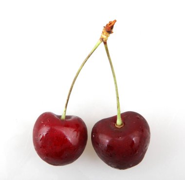 Beyaz arka planda izole edilmiş tatlı kiraz. Kiraz, erik cinsinin birçok bitkisinin meyvesidir ve etli bir meyvedir (taş meyvesi).)