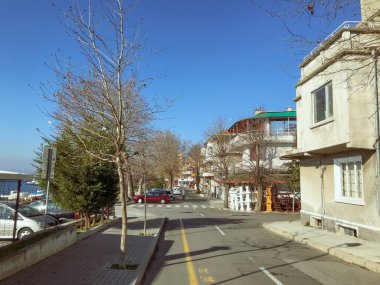 Pomorie, Bulgaristan - 12 Ocak 2020: Pomorie, Bulgaristan 'ın güneydoğusunda yer alan ve Bulgaristan' ın Karadeniz kıyısındaki Burgaz Koyu 'ndaki Dar Kayalık Yarımada' da bulunan bir kasaba ve sahil beldesi.