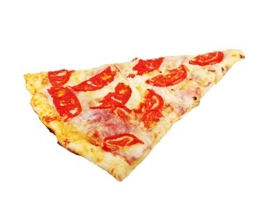 Beyaz arka planda geleneksel pepperonili pizza. Pepperoni, kırmızı biberli veya kırmızı biberli domuz ve sığır eti karışımından yapılan bir Amerikan salam türüdür.