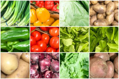 Sağlıklı organik sebzelerle fotoğrafların kolajı. Sağlıklı Taze Gıda Özgeçmişi Koleksiyonu.