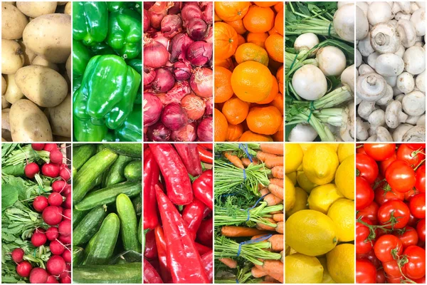 Sağlıklı organik meyve ve sebzeli fotoğrafların kolajı. Sağlıklı Taze Gıda Özgeçmişi Koleksiyonu.