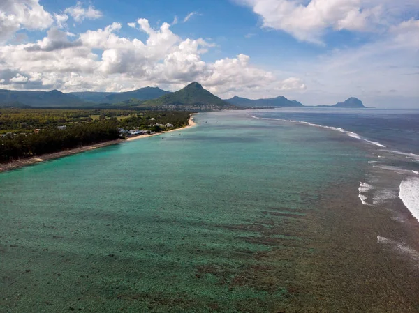 Beach of Mauritius in Indian Ocean. Aerial photo taken from the drone