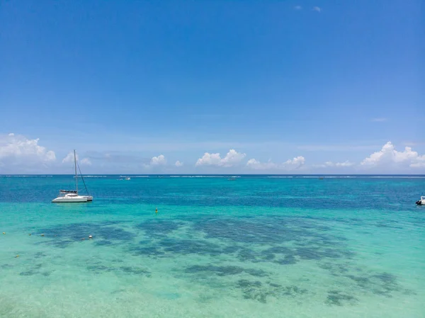 Beach of Mauritius in Indian Ocean. Aerial photo taken from the drone