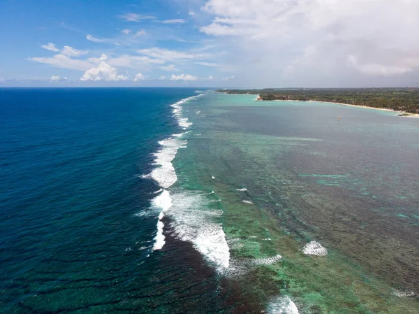 Beach of Mauritius in Indian Ocean. Aerial photo taken from the drone