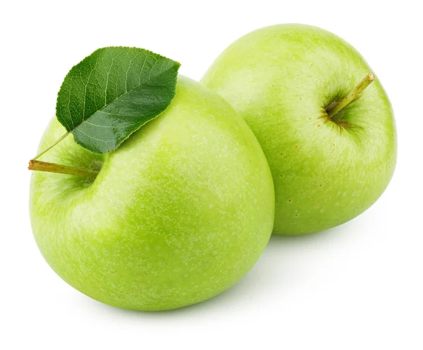 Két Érett Zöld Alma Apple Levél Elszigetelt Fehér Background Vágógörbe Jogdíjmentes Stock Fotók