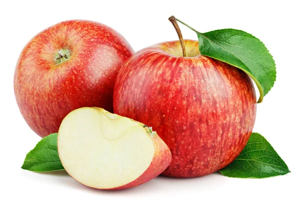 熟した赤いリンゴ果実リンゴのスライスと白い背景に分離されたリンゴの緑の葉 赤いリンゴとクリッピング パスと葉 — ストック写真