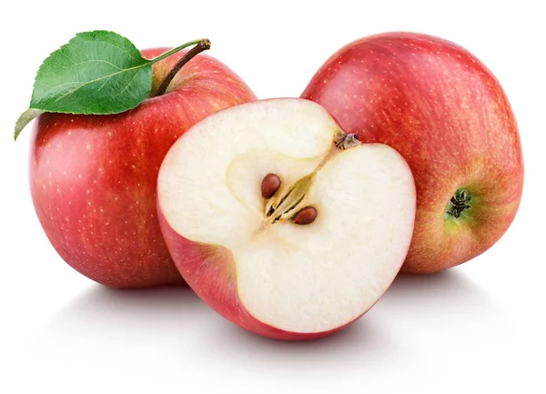 Dojrzałe Jabłko Czerwony Owoce Apple Pół Zielony Liść Białym Tle — Zdjęcie stockowe