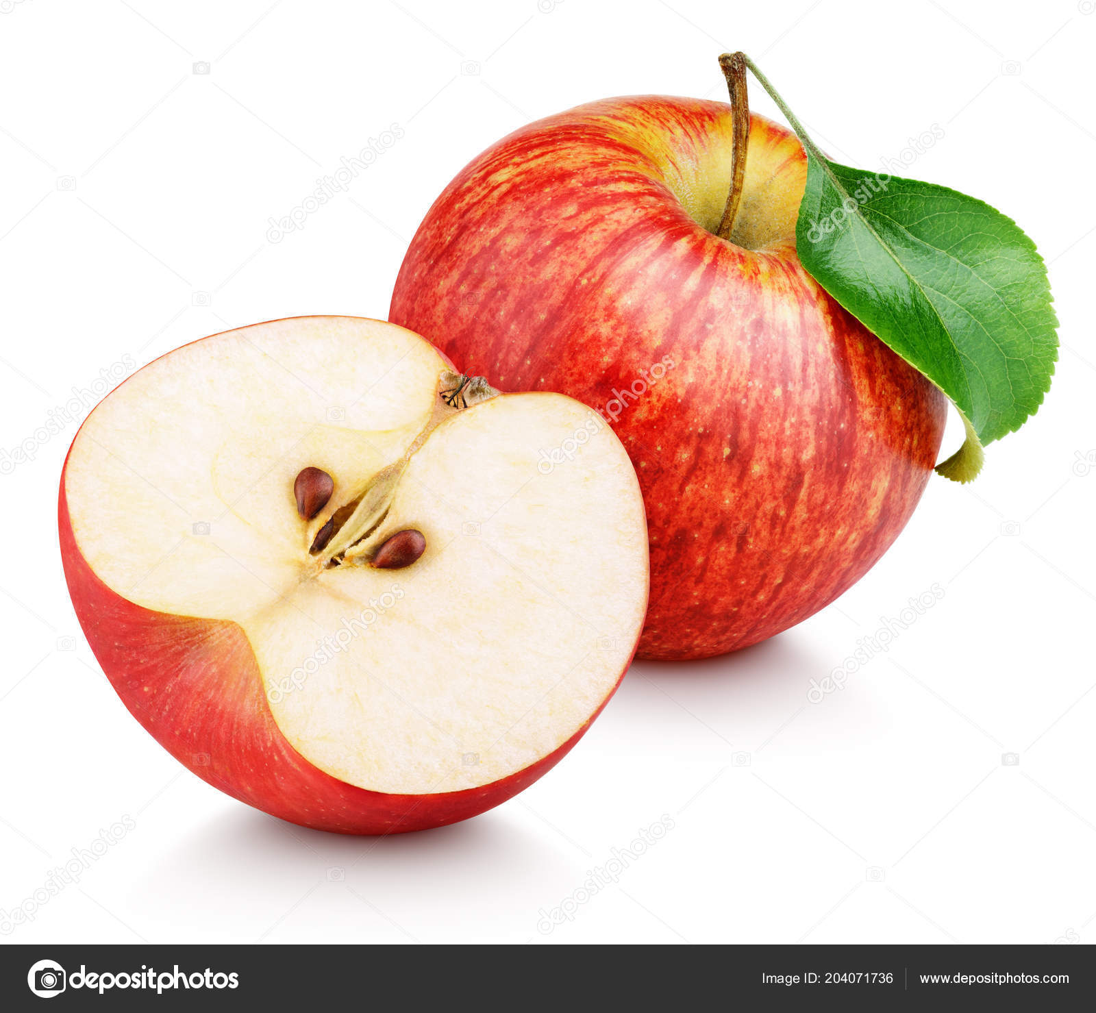 Ripe Red Apple Fruit Apple Half Green Leaf Isolated White Stock Photo by  ©usersam2007 204071736