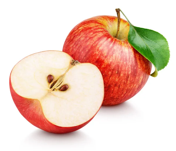 Moget Rött Äpple Frukt Med Apple Halv Och Gröna Blad — Stockfoto