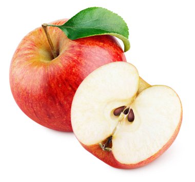 Olgun Kırmızı elma ile elma yarım meyve ve beyaz arka plan üzerinde izole yaprak yeşil. Kırmızı elma ve yaprak kırpma yoluyla