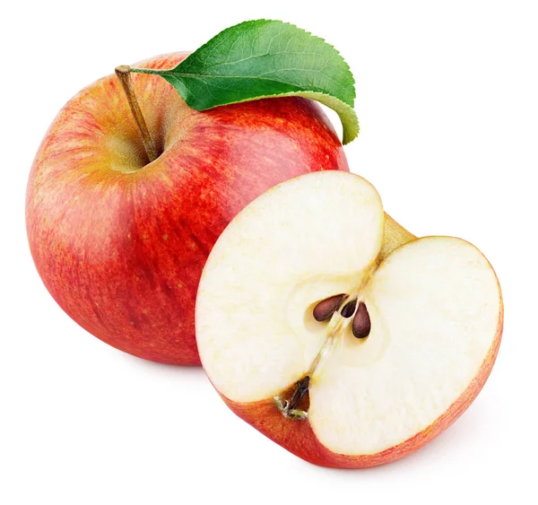 Olgun Kırmızı elma ile elma yarım meyve ve beyaz arka plan üzerinde izole yaprak yeşil. Kırmızı elma ve yaprak kırpma yoluyla