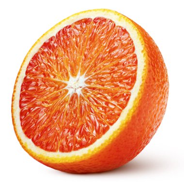 Ripe half of blood red orange citrus fruit isolated on white background with clipping path. Full depth of field. clipart