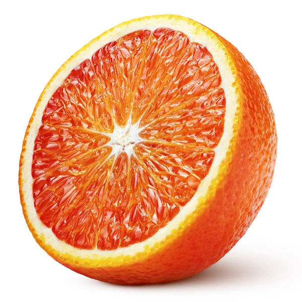成熟的一半血液红色橙色柑橘类水果隔离在白色背景与剪裁路径 全场深度 — 图库照片