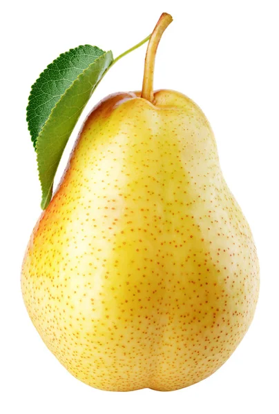 Sarı armut meyve yeşil yaprak üzerinde beyaz izole — Stok fotoğraf