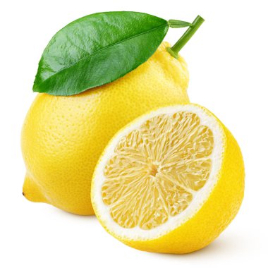 Olgun sarı limon narenciye yeşil yaprak ve yarısı beyaz arka plan üzerinde izole. Limon kırpma yoluyla. Tam alan derinliği.