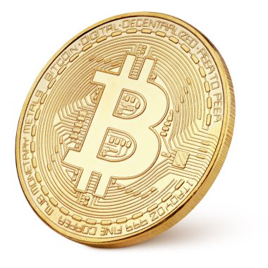 Dijital para altın bitcoin (Btc) üzerinde beyaz izole kırpma yolu ile arka plan ve shodow bırakın. Tam alan derinliği.