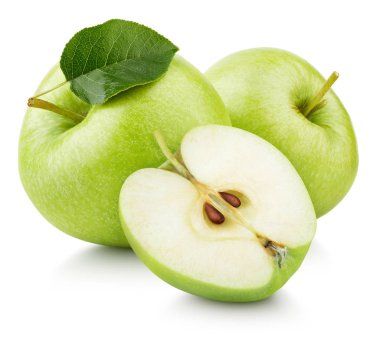 Grup Olgun yeşil elma ile elma yarım meyve ve beyaz arka plan üzerinde izole yaprak yeşil. Kırpma yolu ile elma