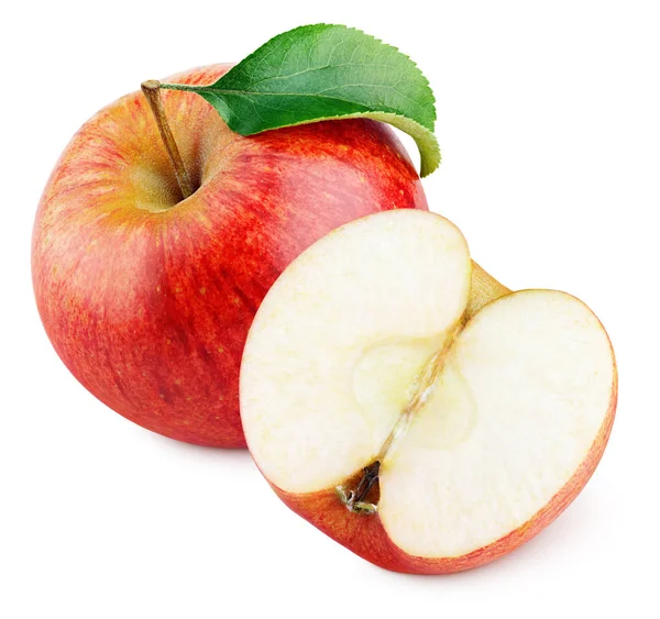 Moget rött äpple med hälften och äpple blad isolerade på vit — Stockfoto