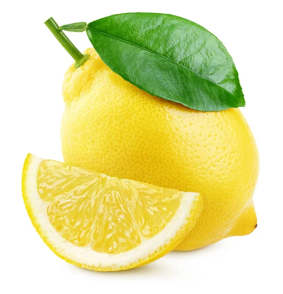 Yellow lemon citrus fruit with leaf and slice — Stock Photo, Image