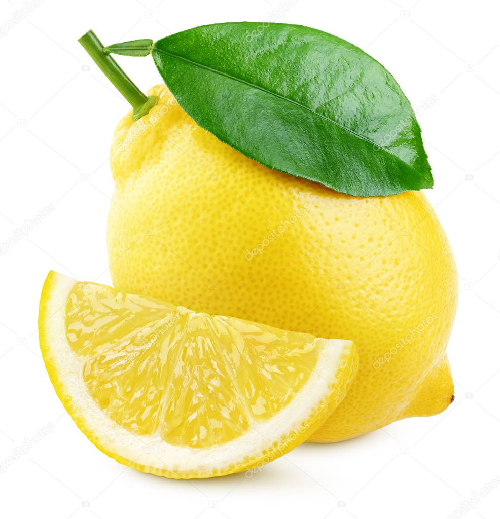 Yellow lemon citrus fruit with leaf and slice