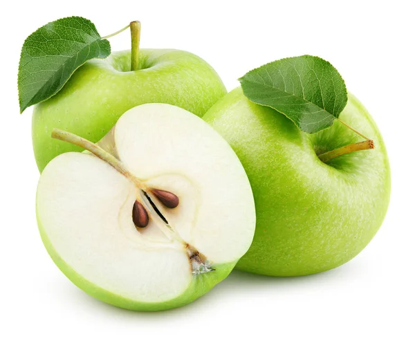 Fruto de manzana verde con media hoja y hoja verde aislada sobre blanco —  Fotos de Stock