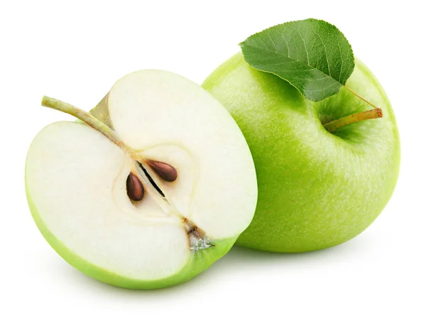 Groene appel fruit met de helft en groen blad geïsoleerd op wit — Stockfoto