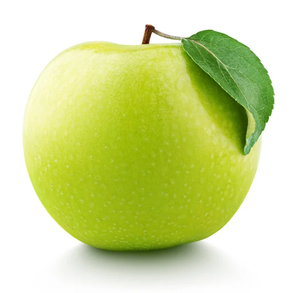 Yeşil elma meyve yeşil yaprak üzerinde beyaz izole — Stok fotoğraf