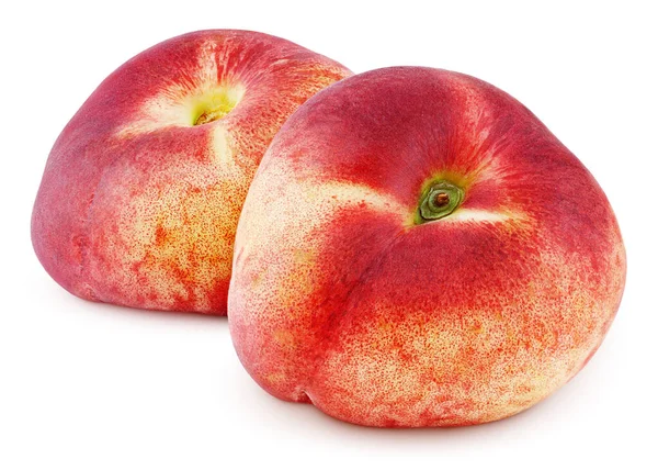 Two Chinese Flat Donut Peaches Isolated White Background Clipping Path — Stock Photo, Image