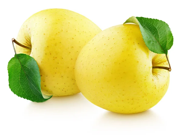 Два Жовтих Яблука Зеленим Листом Ізольовані Білому Тлі Золоті Яблука — стокове фото