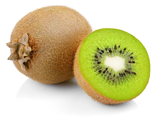 Reife Ganze Kiwi Früchte Und Halbe Kiwi Früchte Isoliert Auf — Stockfoto