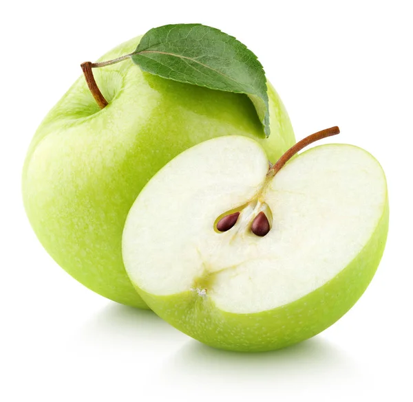 Groen Appelfruit Met Groene Appelhelft Blad Geïsoleerd Witte Achtergrond Groene — Stockfoto