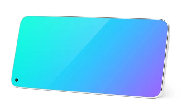 Современный Белый Смартфон Синим Сенсорным Экраном Стоящим Сбоку Смартфон Горизонтальном — стоковое фото