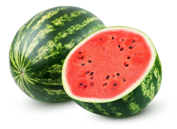 Rijp Hele Watermeloen Met Half Geïsoleerd Witte Achtergrond Watermeloen Bes — Stockfoto