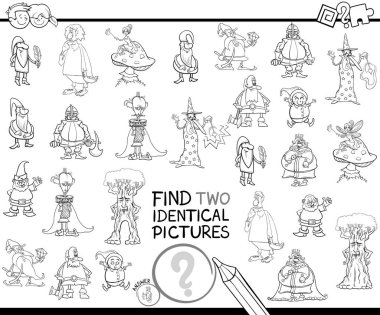 Siyah ve beyaz çizgi film illüstrasyon iki özdeş resimleri boyama kitabı masal karakterleri olan çocuklar için eğitici bir oyun bulma