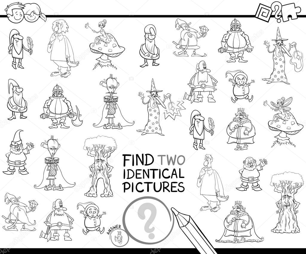 Black and White Cartoon Illustration of Finding Two Identical Pictures Educational Game for Children with Fairy Tale Characters Coloring Book