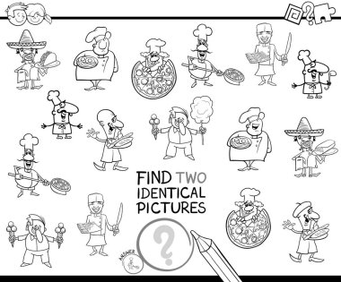 Siyah ve beyaz çizgi film illüstrasyon Şef karakterler ve boyama kitabı gıda ile çocuklar için eğitici bir oyun iki özdeş resimleri bulma