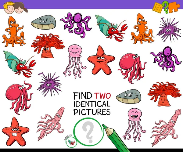 Cartoon Illustration Finding Two Identical Pictures Educational Game Children Sea - Stok Vektor