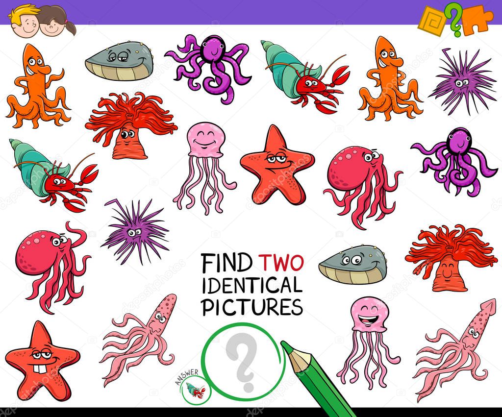 Cartoon Illustration of Finding Two Identical Pictures Educational Game for Children with Sea Life Animal Characters