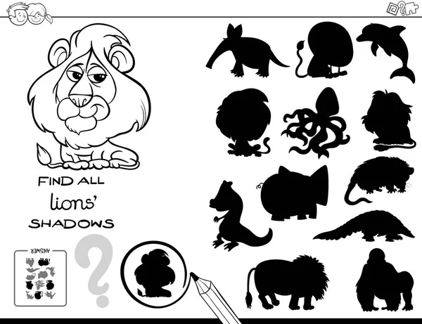 Czarno Biały Ilustracja Kreskówka Znalezienie Wszystkich Lwy Cienie Działalności Edukacyjnej — Wektor stockowy