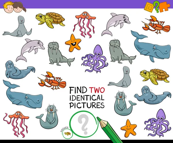 Cartoon Illustration Finding Two Identical Pictures Educational Game Children Marine - Stok Vektor