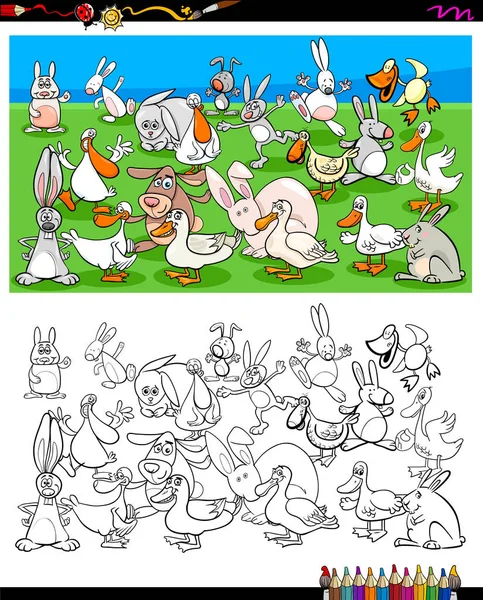 Tecknad Bild Ankor Och Kaniner Gård Djur Tecken Gruppen Coloring — Stock vektor