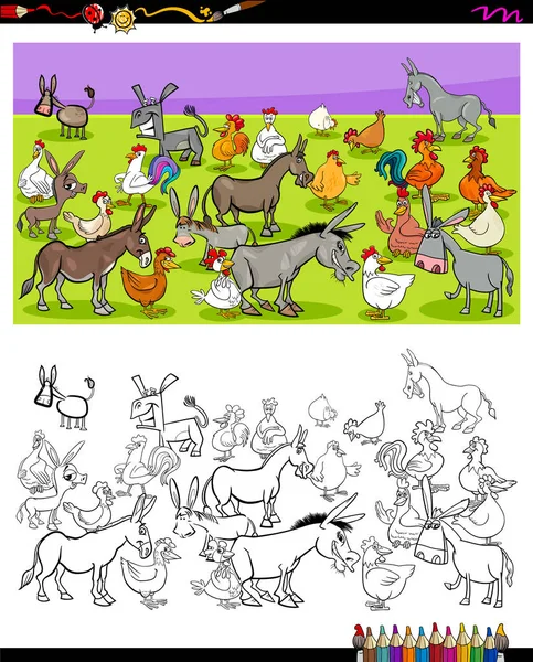 Cartoon Afbeelding Ezels Kippen Boerderij Dier Tekens Groep Coloring Boek — Stockvector