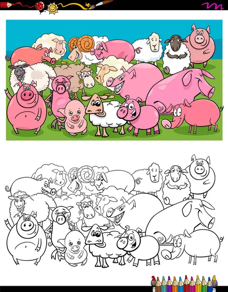 Illustrazione Dei Cartoni Animati Suini Ovini Personaggi Animali Allevamento Gruppo — Vettoriale Stock