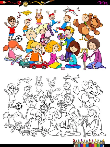 Zeichentrick Illustration Von Mädchen Und Jungen Kinderfiguren Gruppe Malbuch Aktivität — Stockvektor