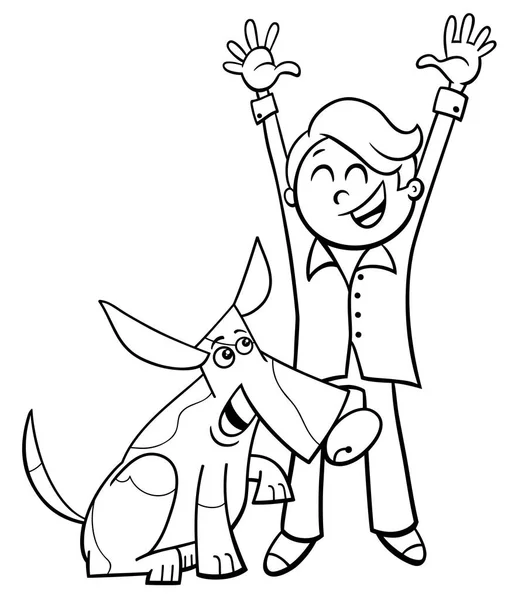 黑白卡通插图小男孩与滑稽的狗或小狗着色书 — 图库矢量图片