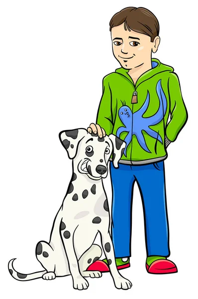 Cartoon Illustration Kid Boy Med Dalmatiska Hund — Stock vektor