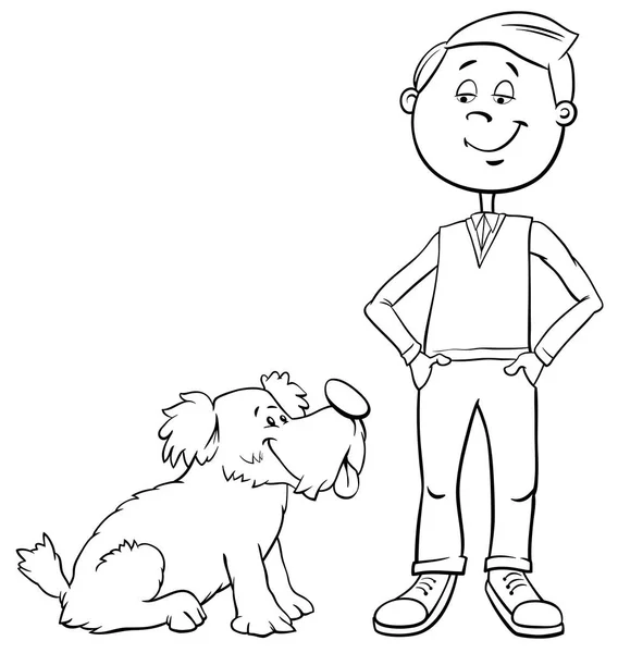 Schwarz Weiße Cartoon Illustration Des Kleinen Jungen Mit Niedlichem Hund — Stockvektor