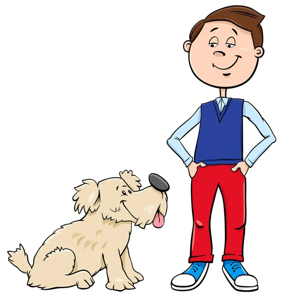 Illustrazione Del Fumetto Kid Boy Con Cane Carino Cucciolo — Vettoriale Stock