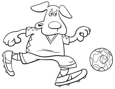 Siyah ve beyaz çizgi film çizimler köpek futbol veya futbol oyuncu karakteri ile topu boyama kitabı